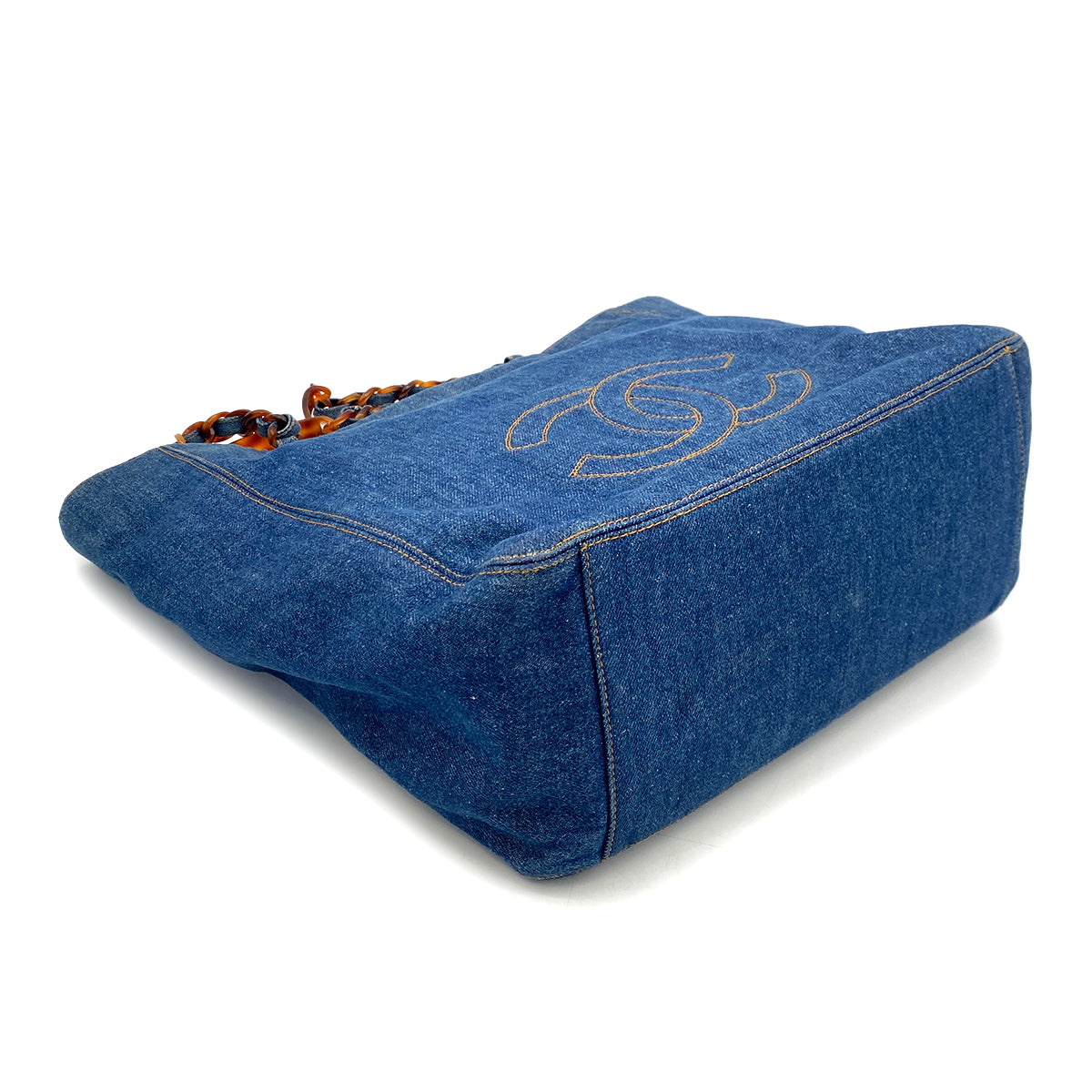 CHANEL VINTAGE DENIM BIG COCO TORTOISESHELL HANDLE CHAIN TOTE BAG 90254618