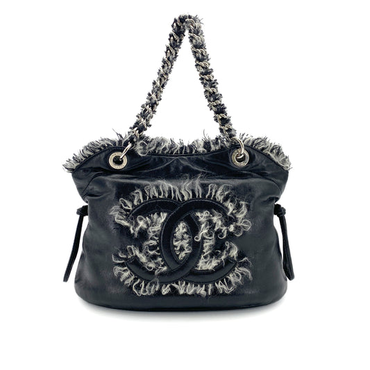 CHANEL CHAIN TOTE BAG BIG COCO BLACK TWEED LEATHER 90254622
