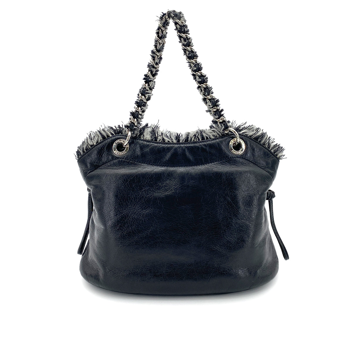 CHANEL CHAIN TOTE BAG BIG COCO BLACK TWEED LEATHER 90254622