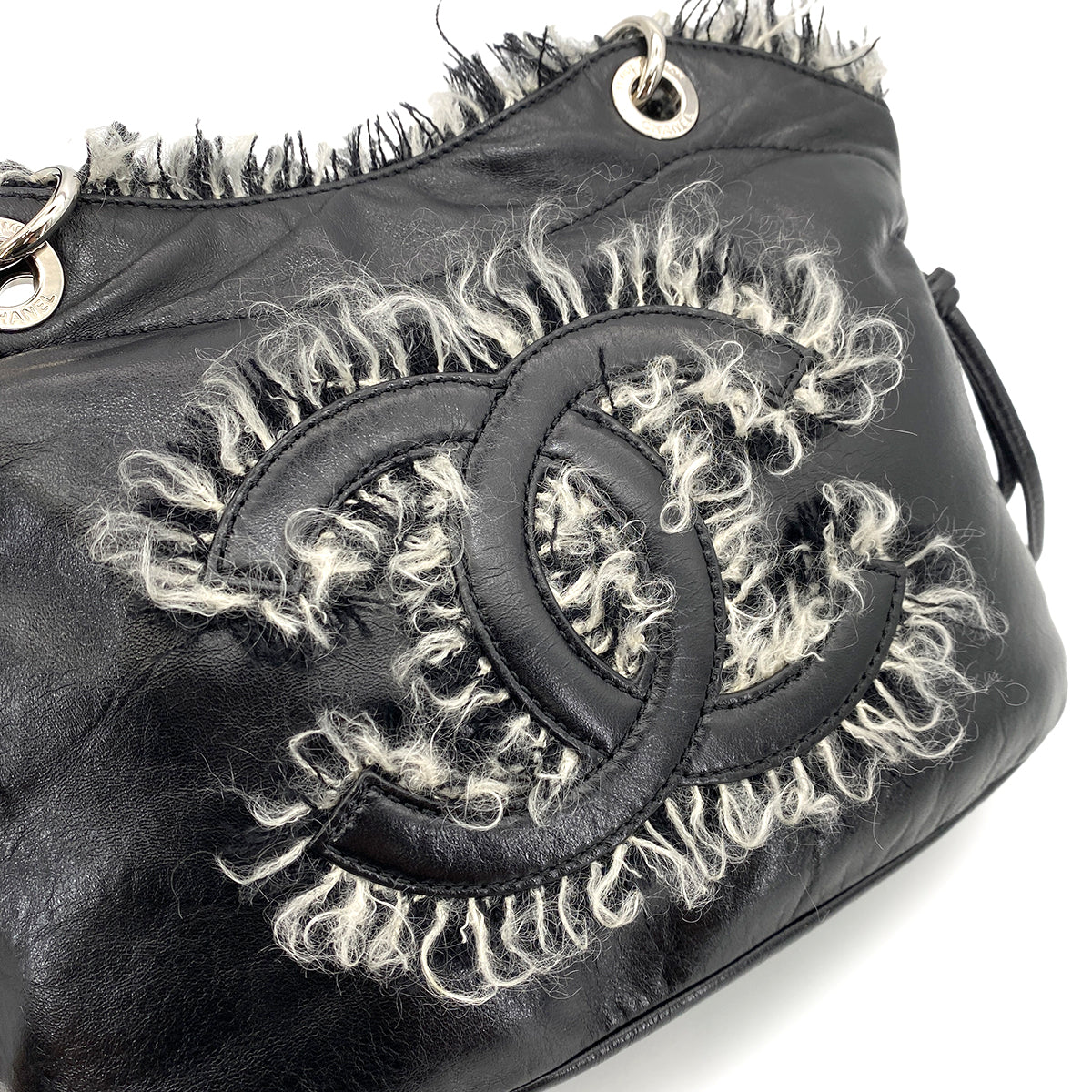 CHANEL CHAIN TOTE BAG BIG COCO BLACK TWEED LEATHER 90254622