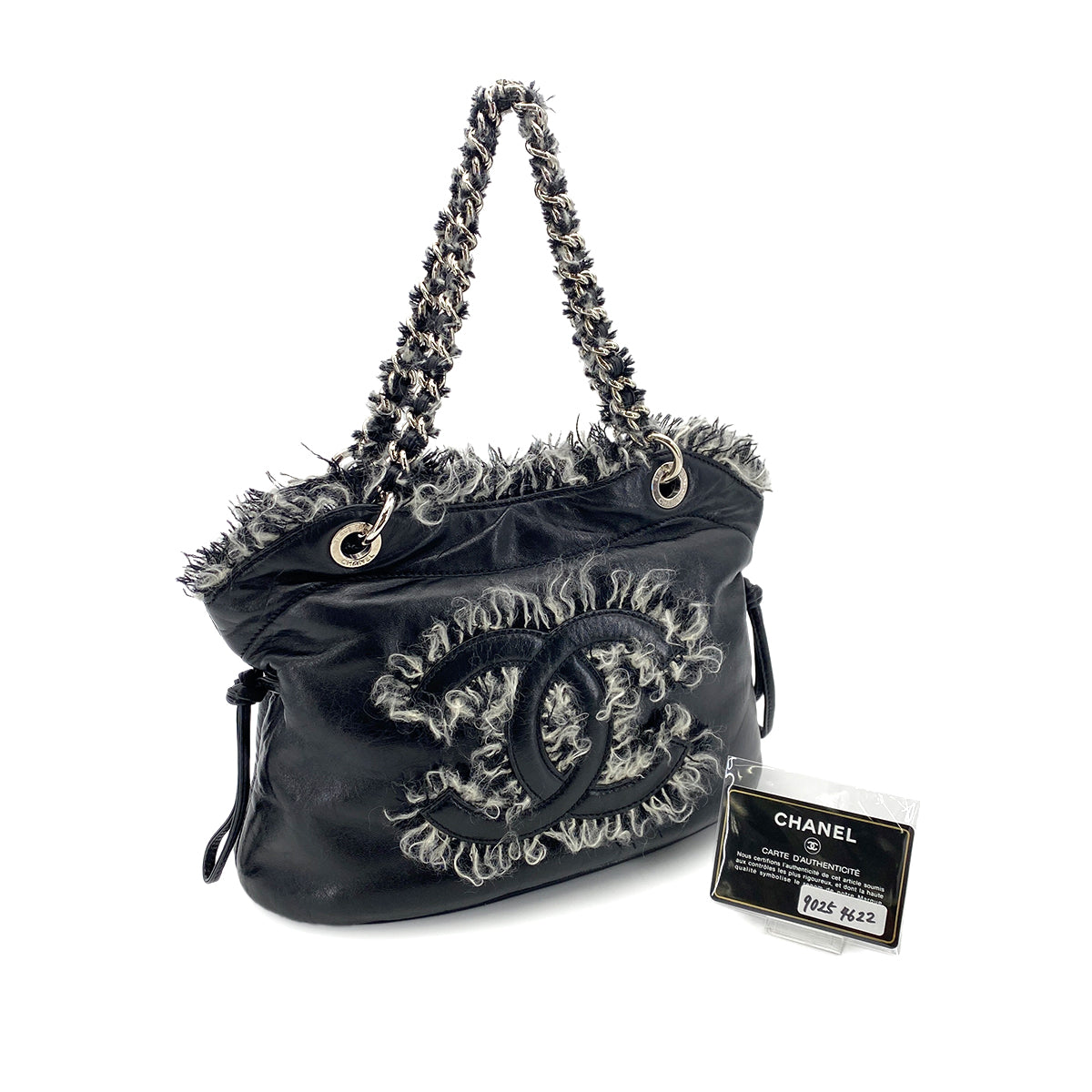 CHANEL CHAIN TOTE BAG BIG COCO BLACK TWEED LEATHER 90254622