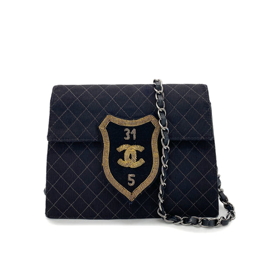 CHANEL VINTAGE EMBLEM CHAIN SHOULDER BAG BLACK CANVAS 90254623