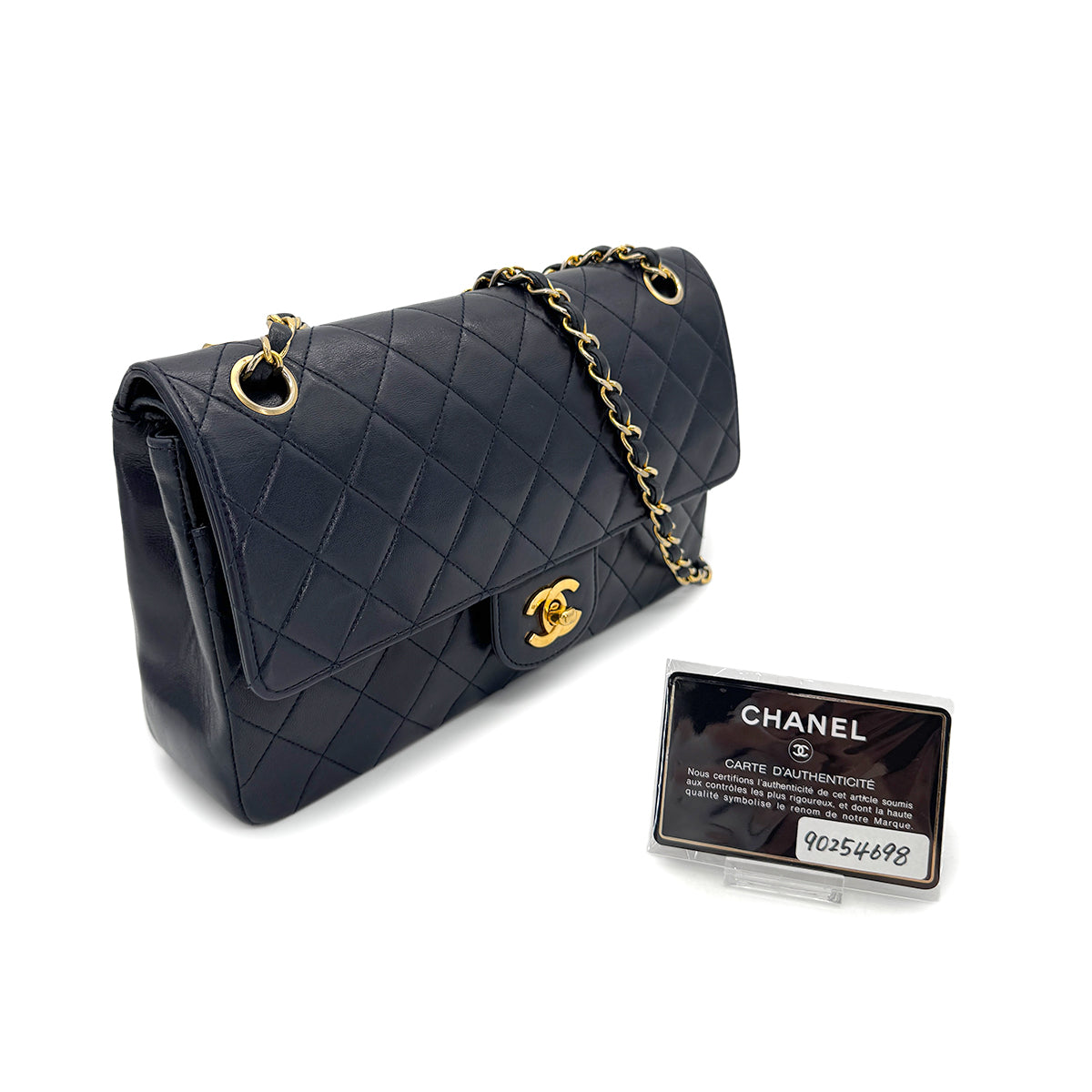 CHANEL VINTAGE MATELASSE CHAIN SHOULDER BAG NAVY LAMB SKIN 90254698