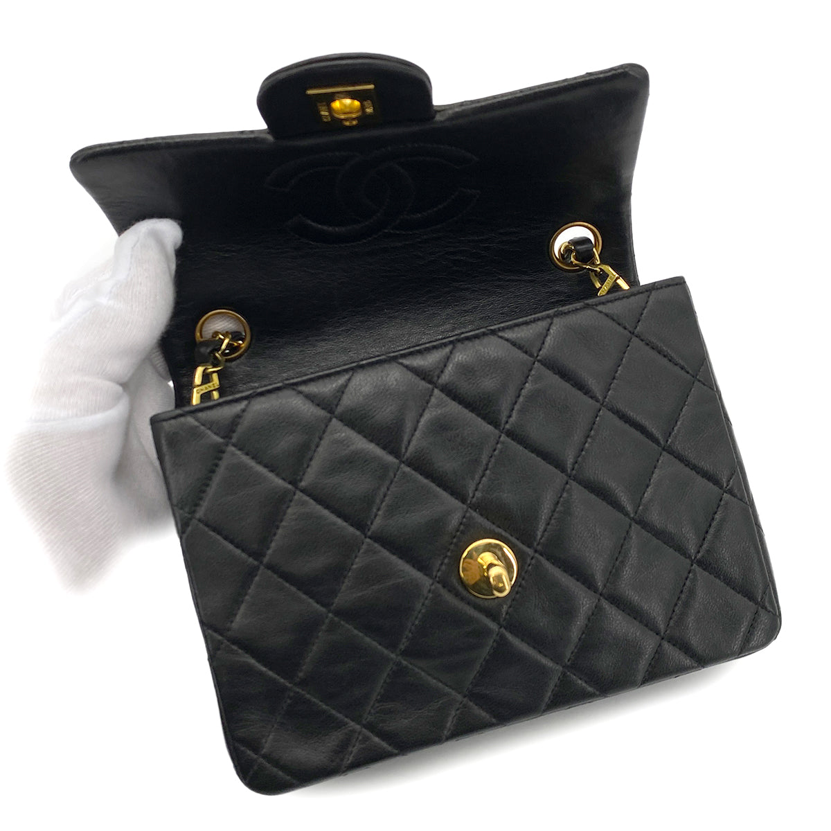 CHANEL VINTAGE MINI SQUARE 17 CHAIN SHOULDER BAG BLACK LAMB SKIN 90255073