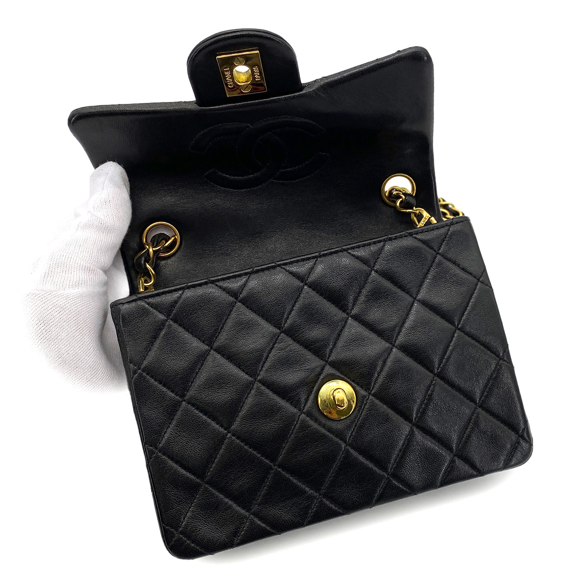 CHANEL VINTAGE MINI SQUARE 17 CHAIN SHOULDER BAG BLACK LAMB SKIN 90255074