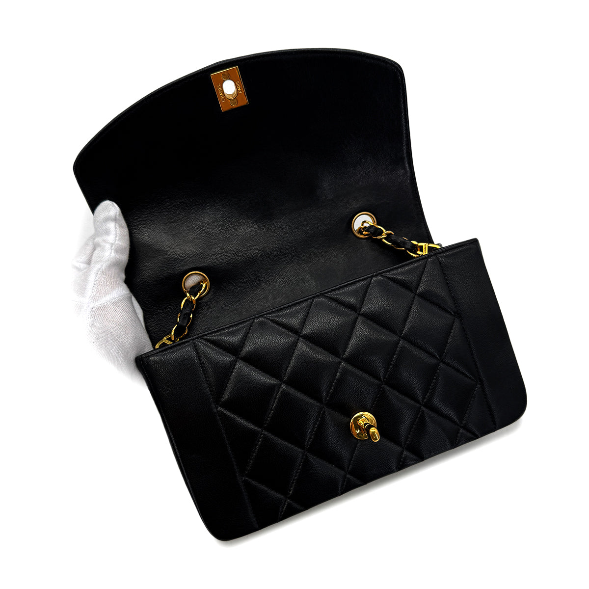 CHANEL VINTAGE DIANA SMALL CHAIN SHOULDER BAG BLACK LAMB SKIN 90255076