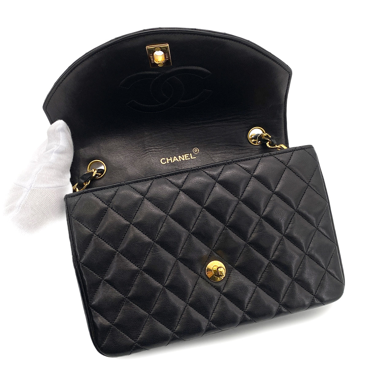 CHANEL VINTAGE HALF MOON CHAIN SHOULDER BAG BLACK LAMB SKIN 90255089