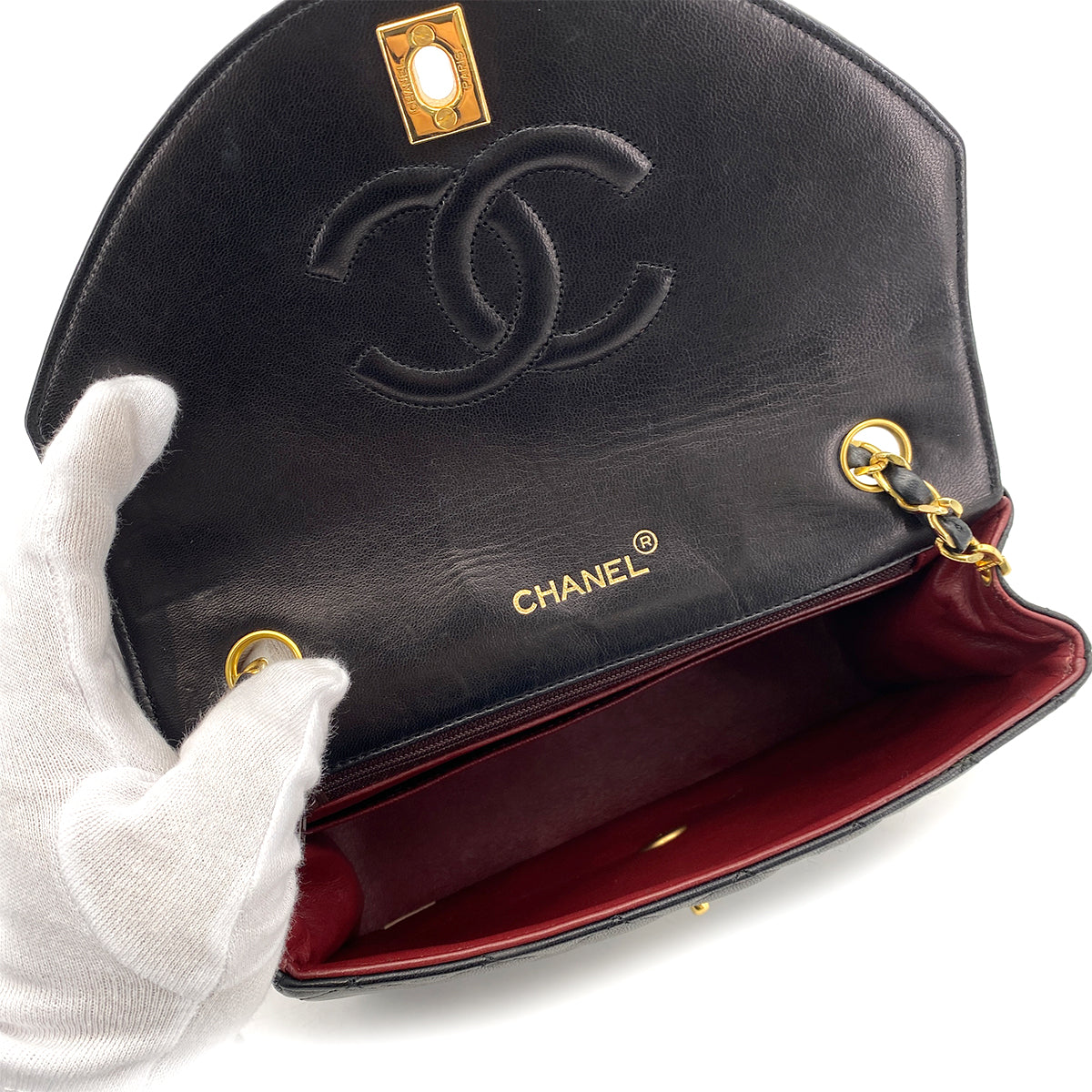 CHANEL VINTAGE HALF MOON CHAIN SHOULDER BAG BLACK LAMB SKIN 90255089