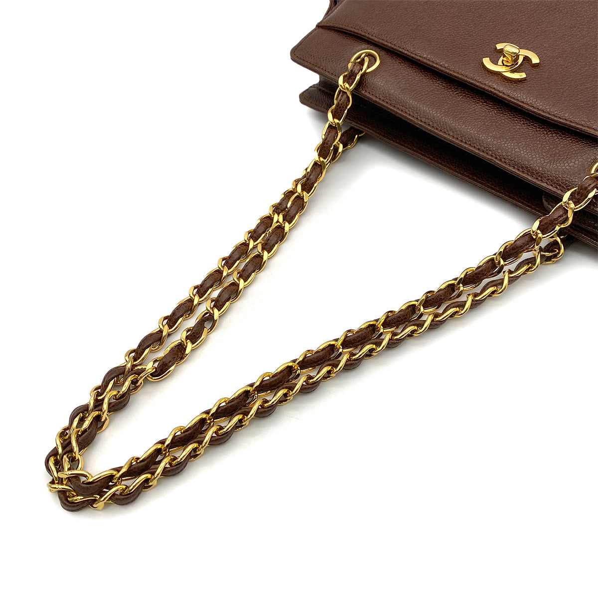CHANEL VINTAGE CHAIN TOTE BAG BROWN CAVIAR SKIN 90255090
