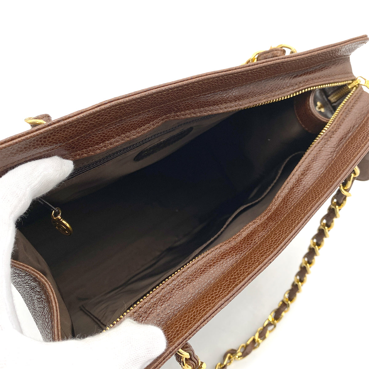 CHANEL VINTAGE CHAIN TOTE BAG BROWN CAVIAR SKIN 90255090