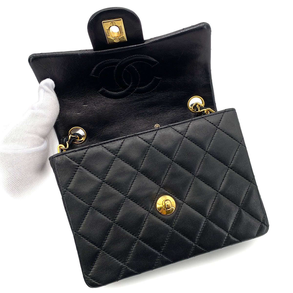 CHANEL VINTAGE MINI SQUARE 17 CHAIN SHOULDER BAG BLACK LAMB SKIN 90255097