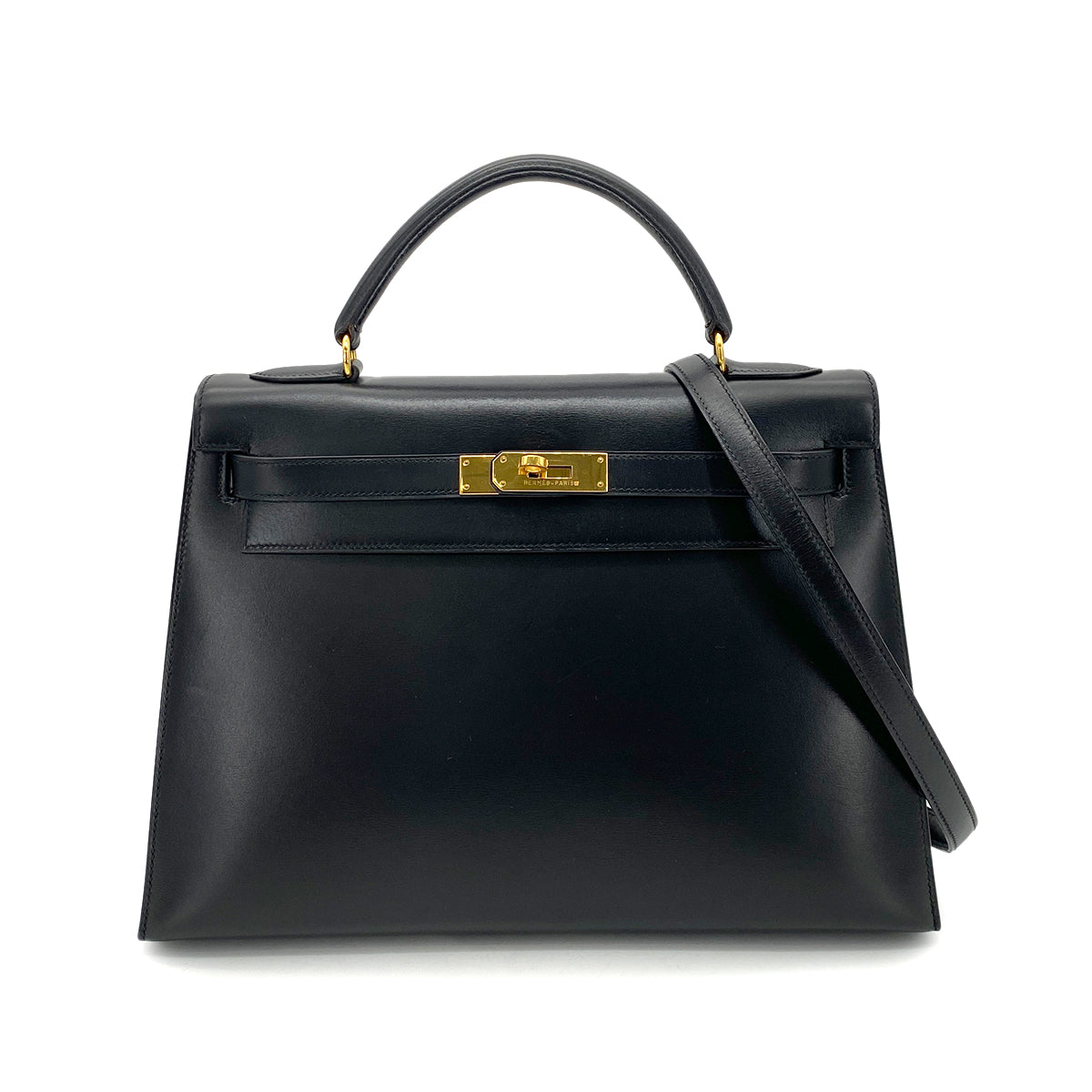 HERMES KELLY 32 SELLIER BLACK BOX CALF HAND SHOULDER BAG 〇Y 90255349