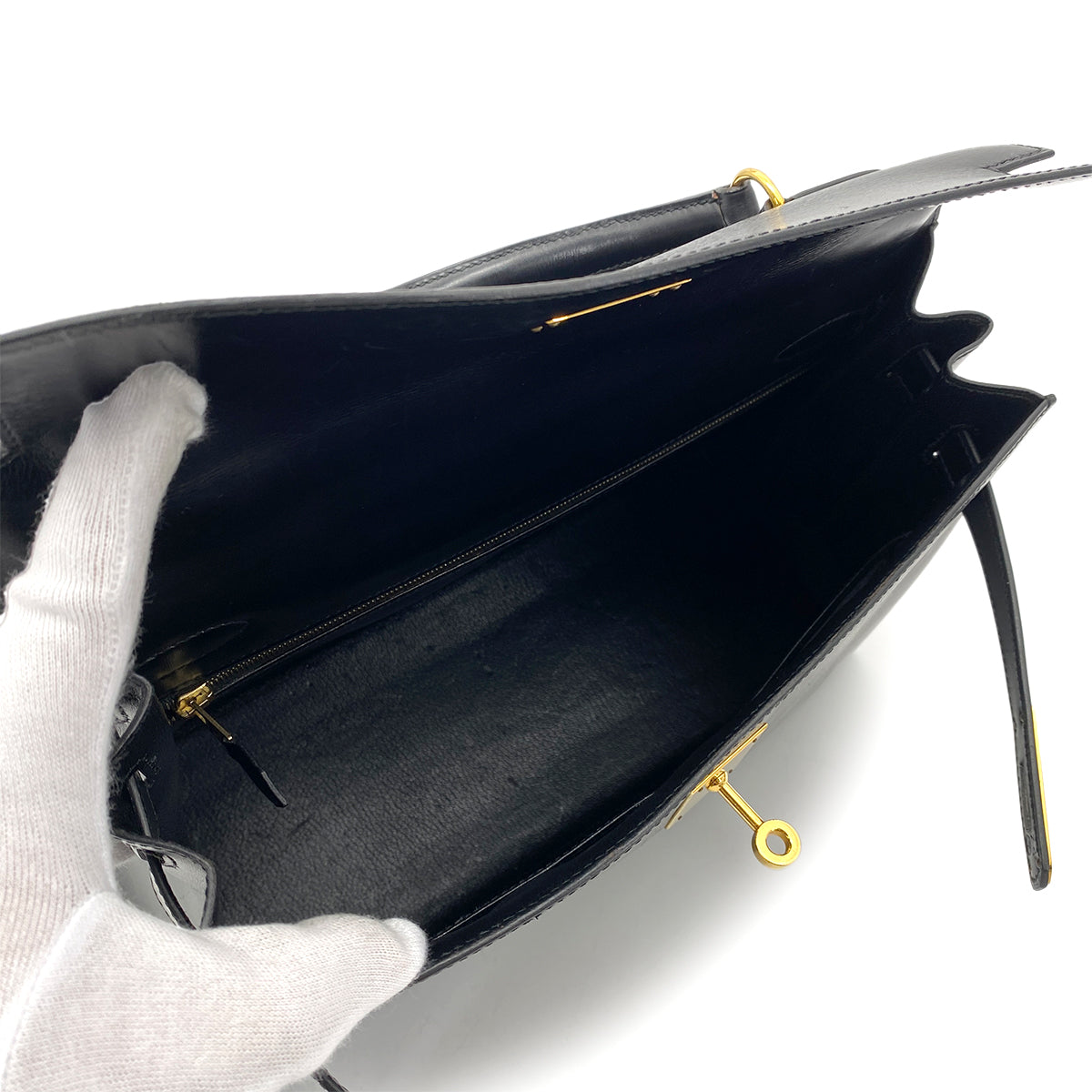 HERMES KELLY 32 SELLIER BLACK BOX CALF HAND SHOULDER BAG 〇Y 90255349