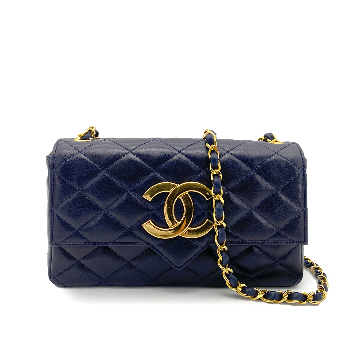 CHANEL VINTAGE BIG COCO MATELASSE CHAIN SHOULDER BAG NAVY LAMB SKIN 90255381
