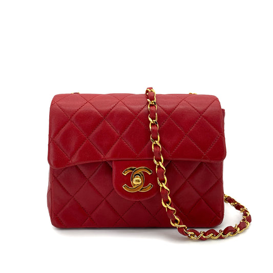 CHANEL VINTAGE MINI SQUARE 17 CHAIN SHOULDER BAG RED LAMB SKIN 90255390