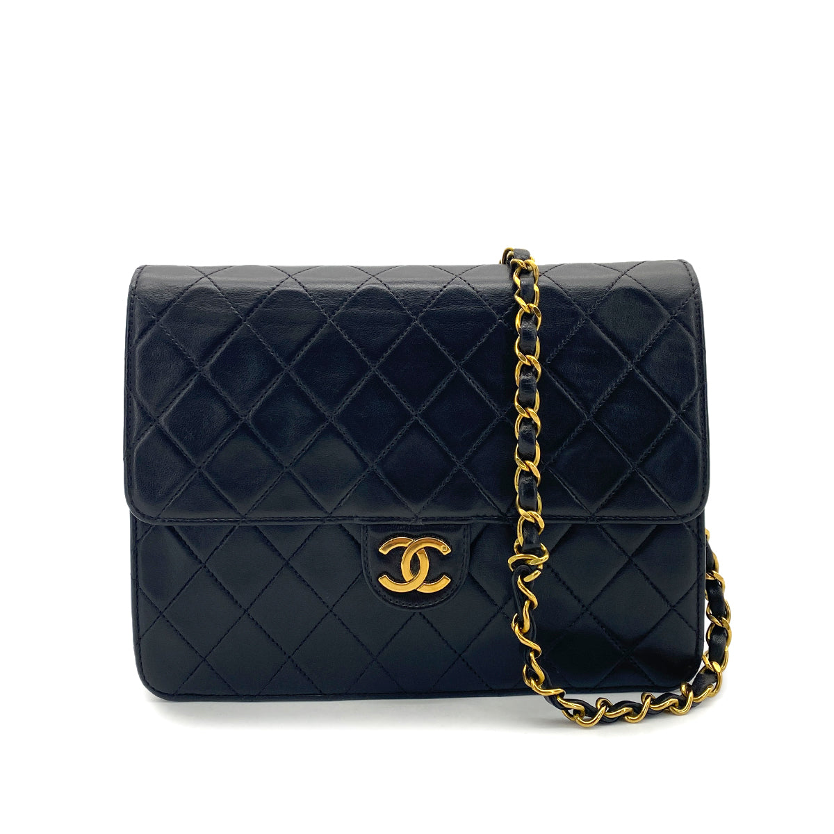 CHANEL VINTAGE MATELASSE PUSH LOCK CHAIN SHOULDER BAG BLACK LAMB SKIN 90255397