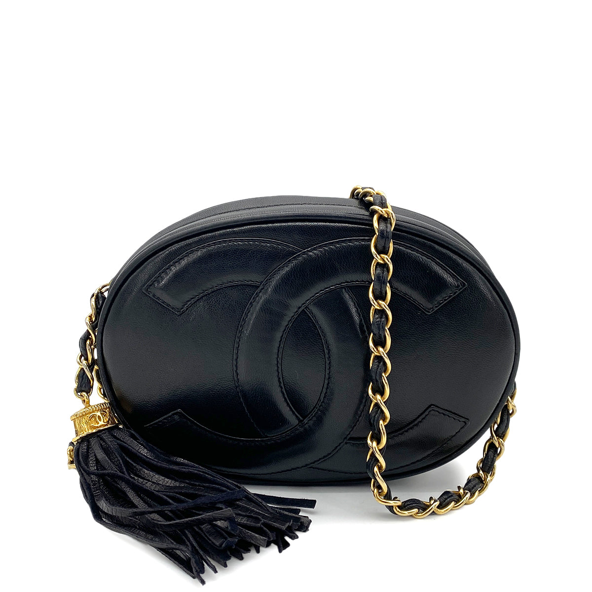 CHANEL VINTAGE FRINGE BIG COCO ROUND CHAIN SHOULDER BAG BLACK LAMB SKIN 90255680