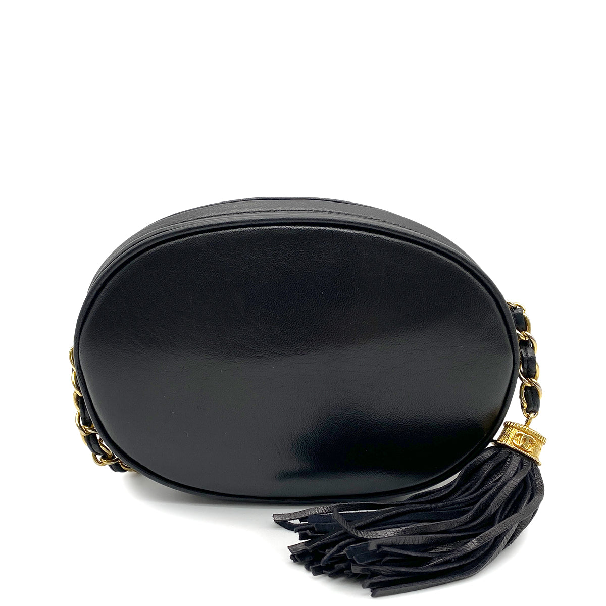 CHANEL VINTAGE FRINGE BIG COCO ROUND CHAIN SHOULDER BAG BLACK LAMB SKIN 90255680