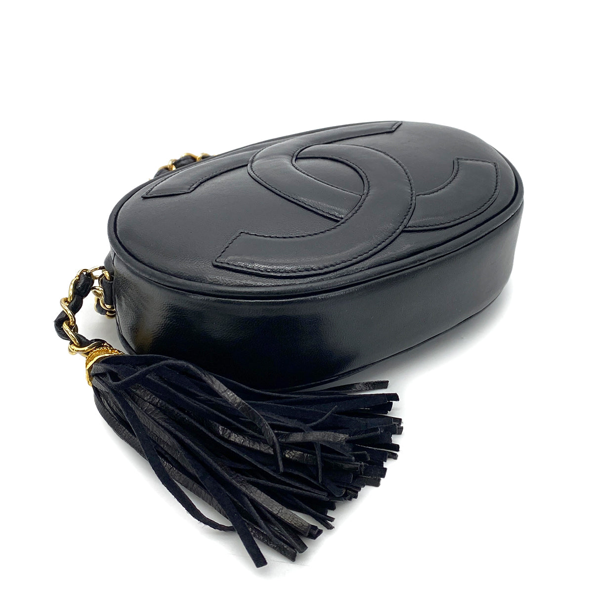 CHANEL VINTAGE FRINGE BIG COCO ROUND CHAIN SHOULDER BAG BLACK LAMB SKIN 90255680