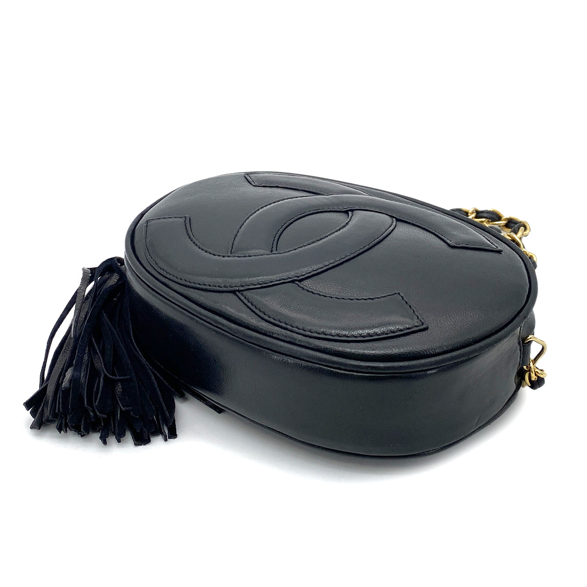 CHANEL VINTAGE FRINGE BIG COCO ROUND CHAIN SHOULDER BAG BLACK LAMB SKIN 90255680