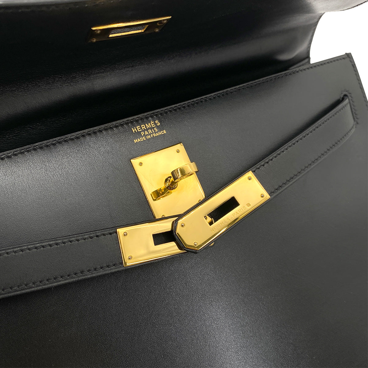 HERMES KELLY 32 SELLIER BLACK BOX CALF HAND SHOULDER BAG 〇Z 90255719