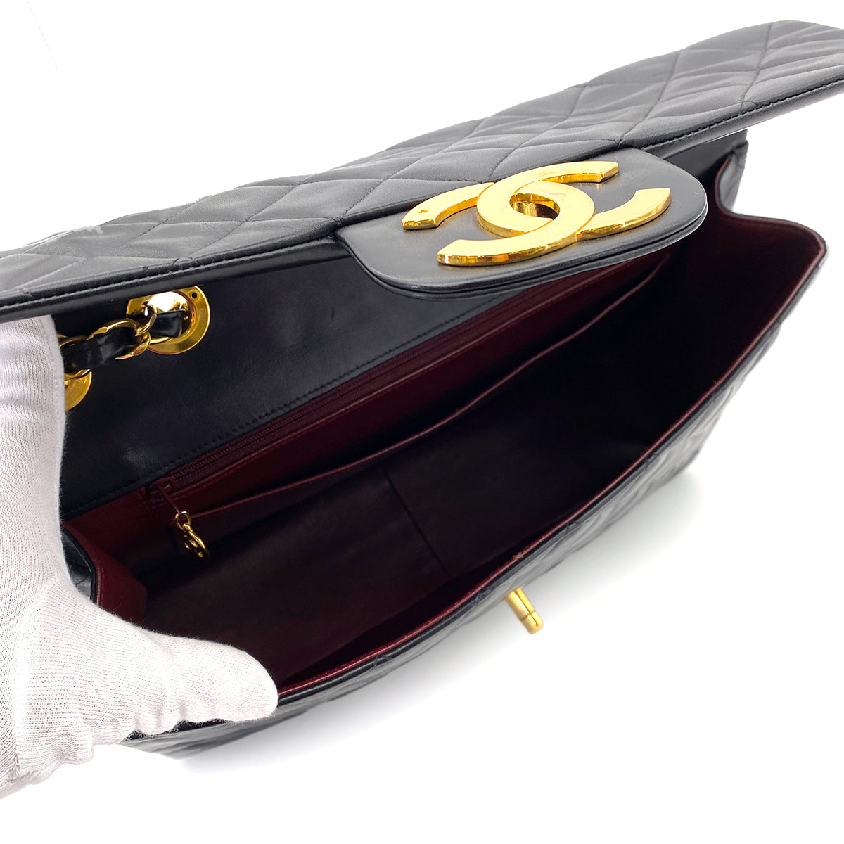 CHANEL VINTAGE MAXI MATELASSE 34 CHAIN SHOULDER BAG BLACK LAMB SKIN 90255720