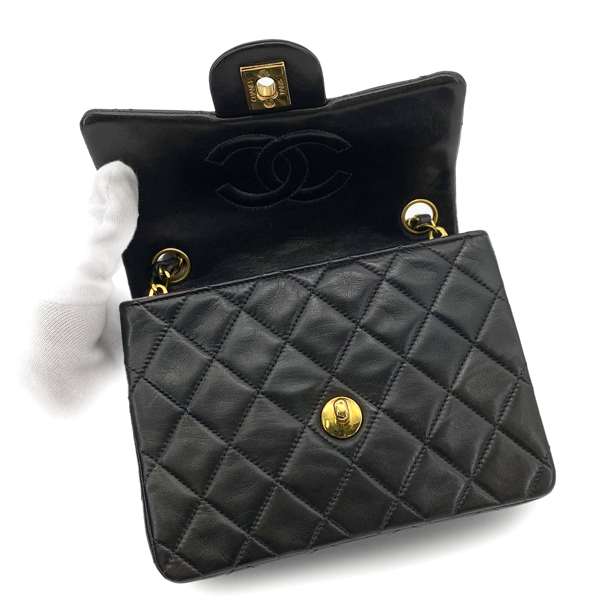 CHANEL VINTAGE MINI SQUARE 17 CHAIN SHOULDER BAG BLACK LAMB SKIN 90255721