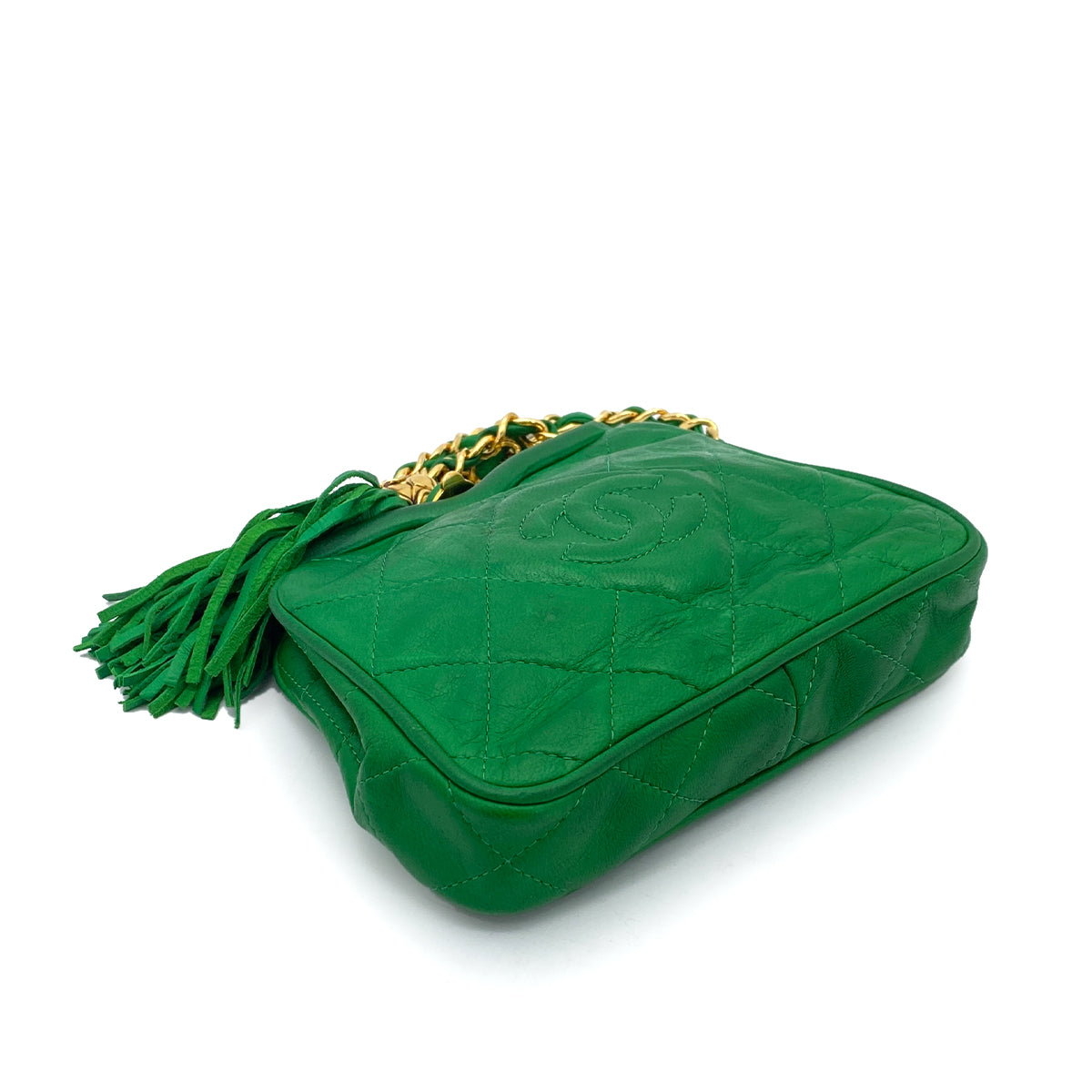 CHANEL VINTAGE MINI FRINGE CHAIN WAIST BAG GREEN LAMB SKIN 90257275