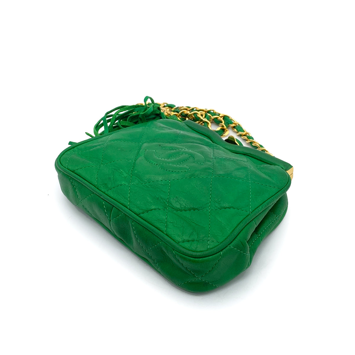 CHANEL VINTAGE MINI FRINGE CHAIN WAIST BAG GREEN LAMB SKIN 90257275