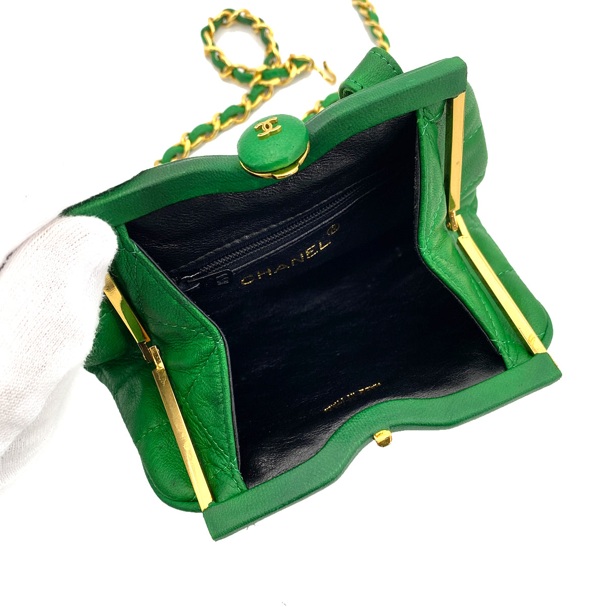 CHANEL VINTAGE MINI FRINGE CHAIN WAIST BAG GREEN LAMB SKIN 90257275