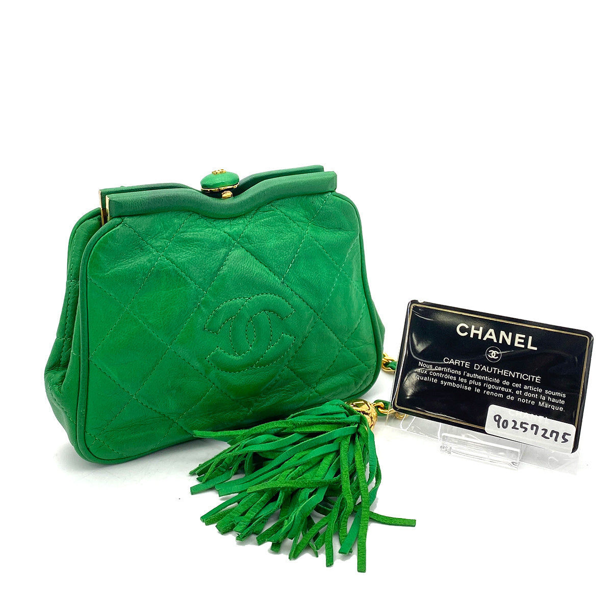 CHANEL VINTAGE MINI FRINGE CHAIN WAIST BAG GREEN LAMB SKIN 90257275