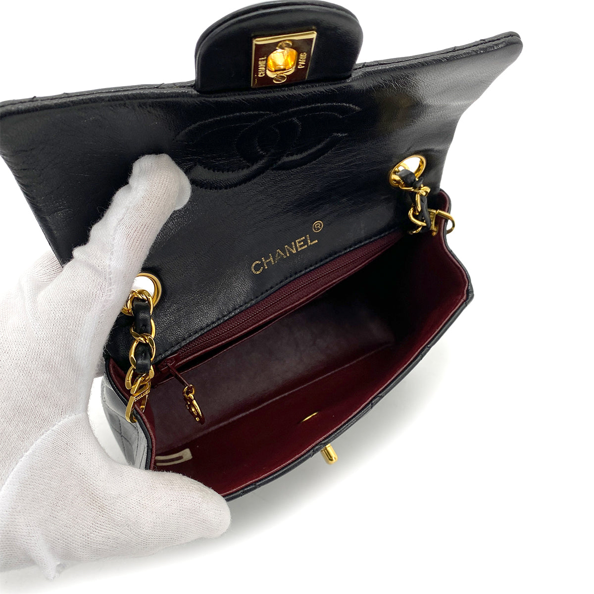 CHANEL VINTAGE MINI SQUARE 17 CHAIN SHOULDER BAG BLACK LAMB SKIN 90255867