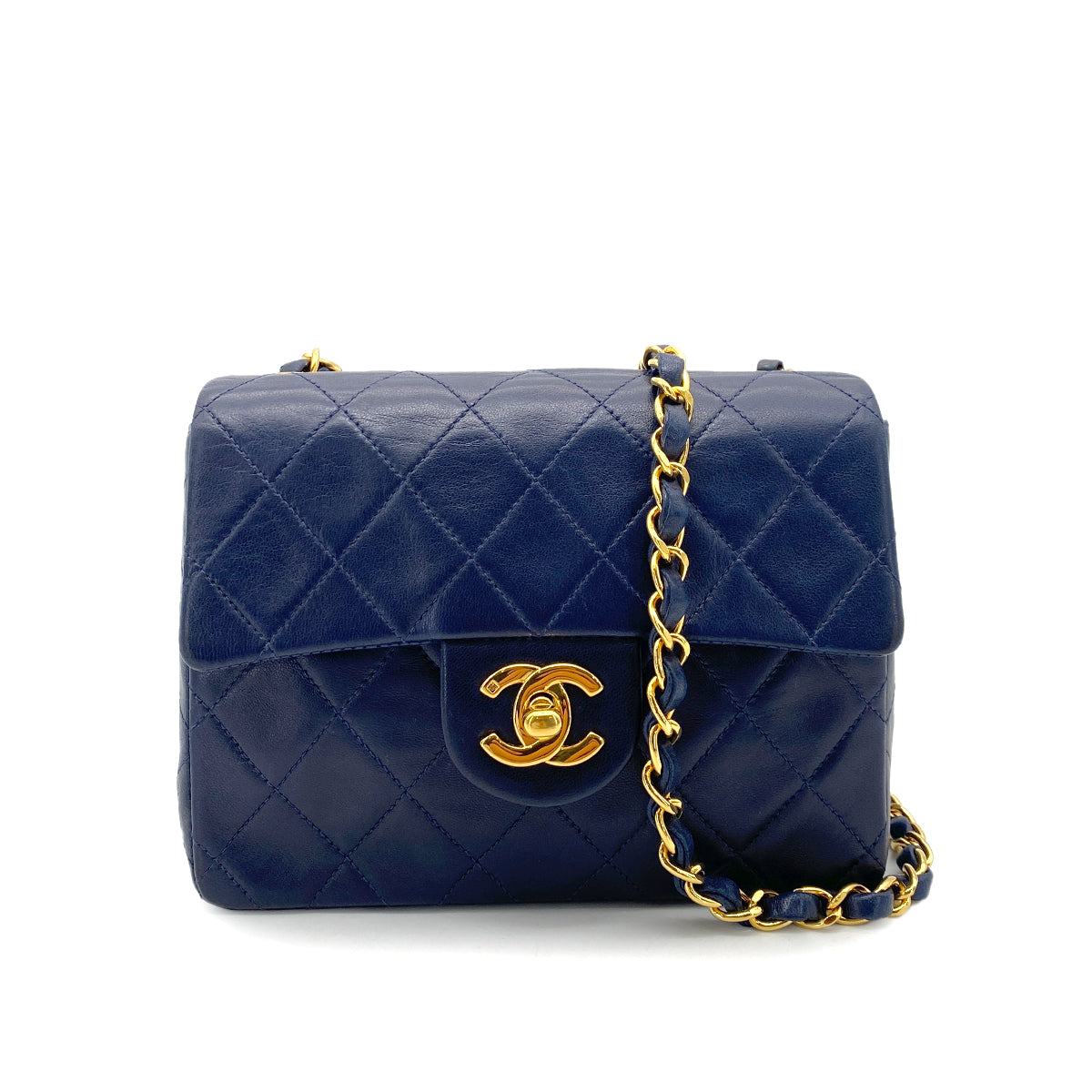 CHANEL VINTAGE MINI SQUARE 17 CHAIN SHOULDER BAG NAVY LAMB SKIN 90255940