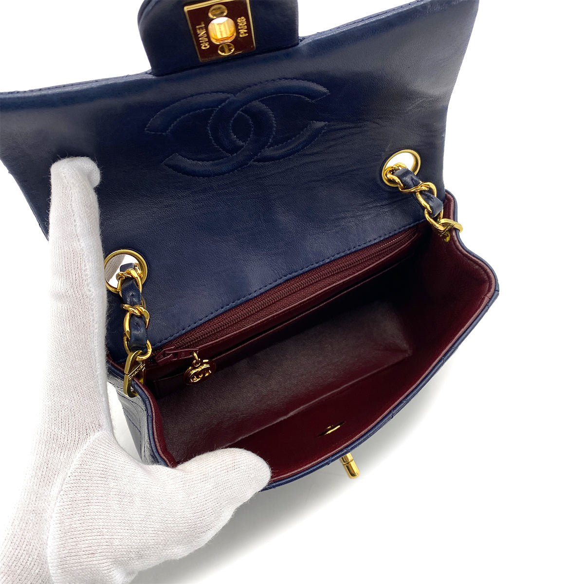 CHANEL VINTAGE MINI SQUARE 17 CHAIN SHOULDER BAG NAVY LAMB SKIN 90255940