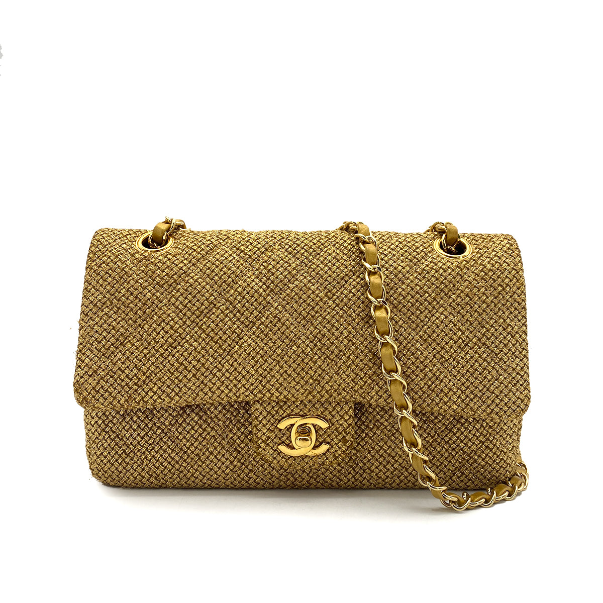 CHANEL VINTAGE CLASSIC FLAP MEDIUM CHAIN SHOULDER BAG TWEED GOLD 90255951