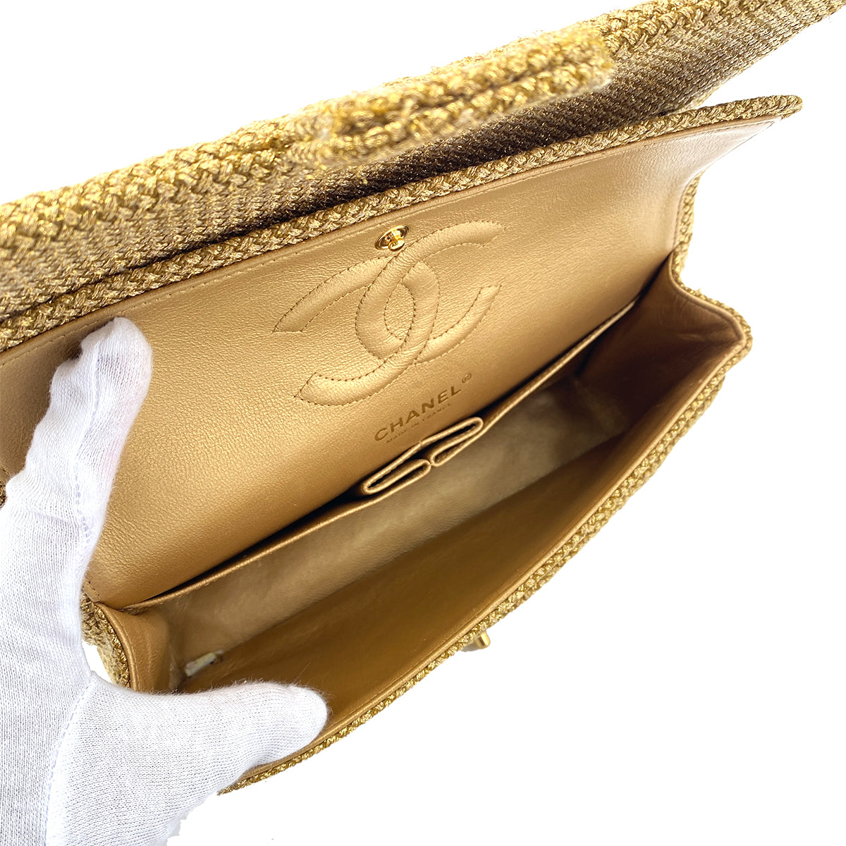 CHANEL VINTAGE CLASSIC FLAP MEDIUM CHAIN SHOULDER BAG TWEED GOLD 90255951