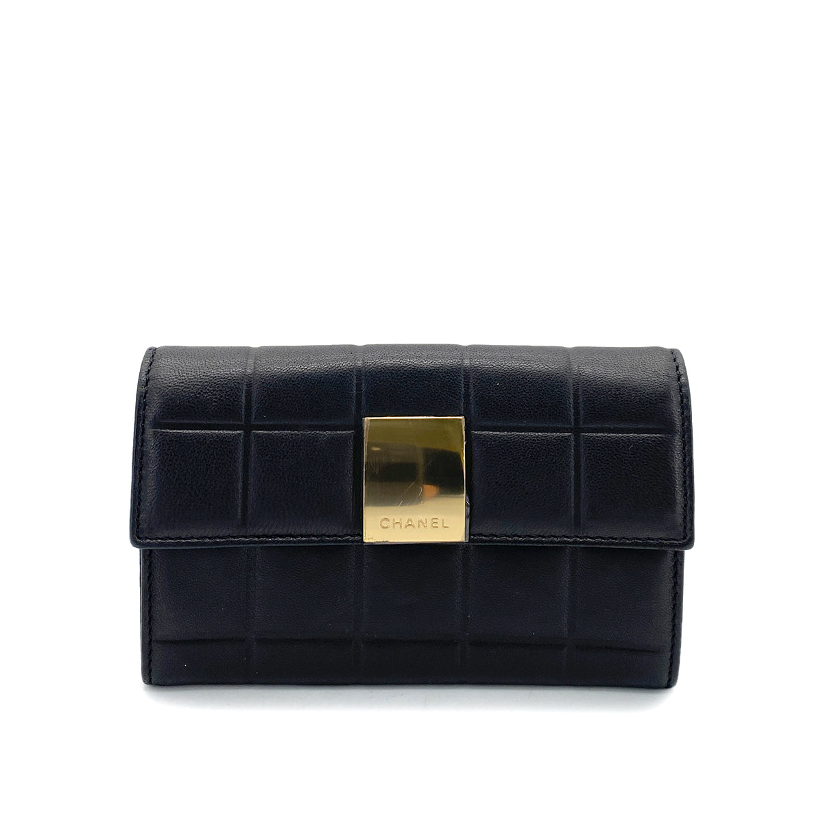 CHANEL VINTAGE CHOCOLATE BAR BIFOLD COMPACT WALLET BLACK LAMB SKIN 90256917