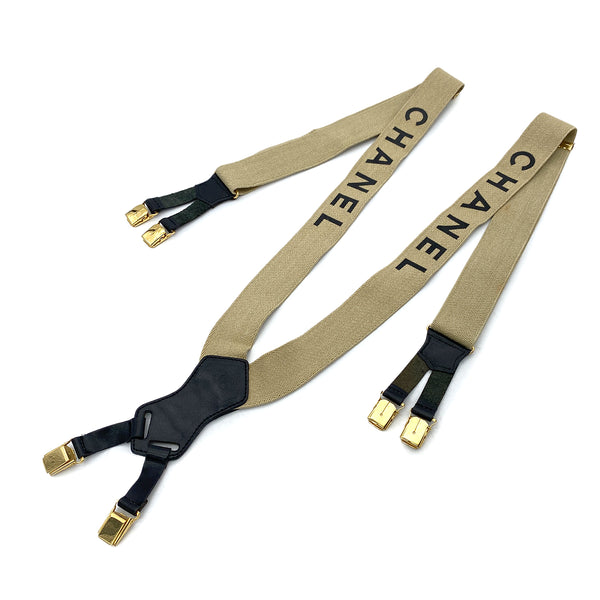 CHANEL VINTAGE SUSPENDER LOGO BEIGE BLACK CANVAS LEATHER 90256935 - PURPOSE