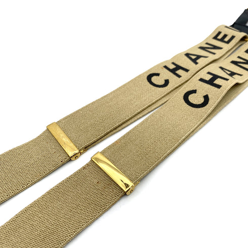 CHANEL VINTAGE SUSPENDER LOGO BEIGE BLACK CANVAS LEATHER 90256935 - PURPOSE