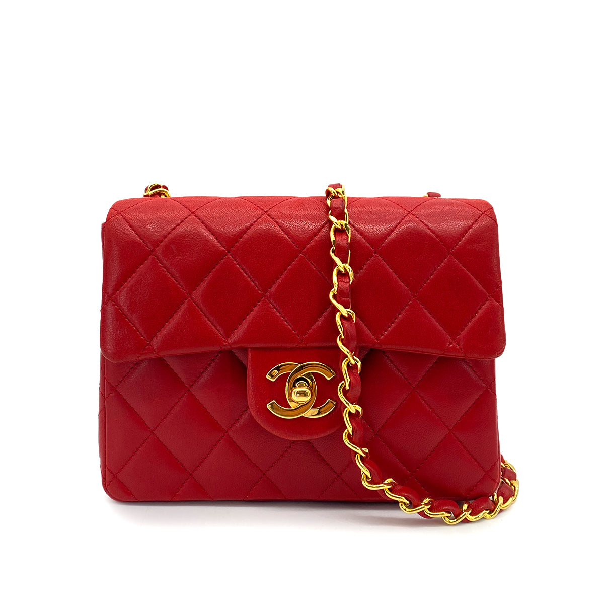 CHANEL VINTAGE MINI SQUARE 17 CHAIN SHOULDER BAG RED LAMB SKIN 90257293