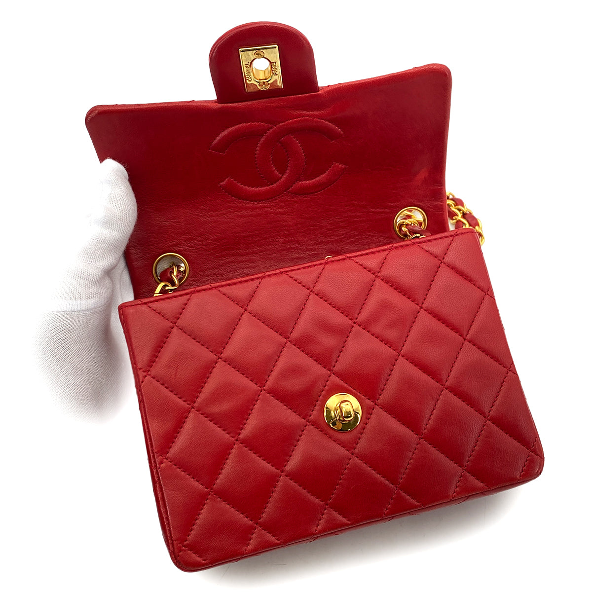 CHANEL VINTAGE MINI SQUARE 17 CHAIN SHOULDER BAG RED LAMB SKIN 90257293