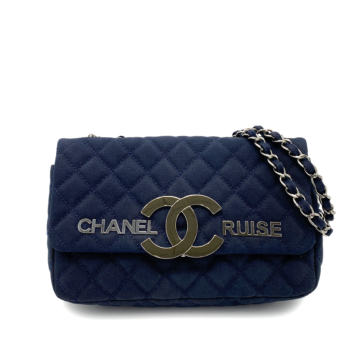 CHANEL VINTAGE CRUISE LINE CHAIN SHOULDER BAG NAVY CANVAS 90257309