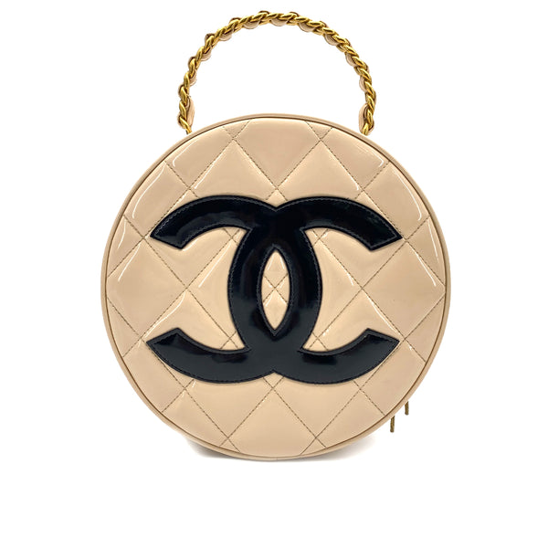 CHANEL VINTAGE ROUND VANITY HAND BAG BEIGE ENAMEL 90257628