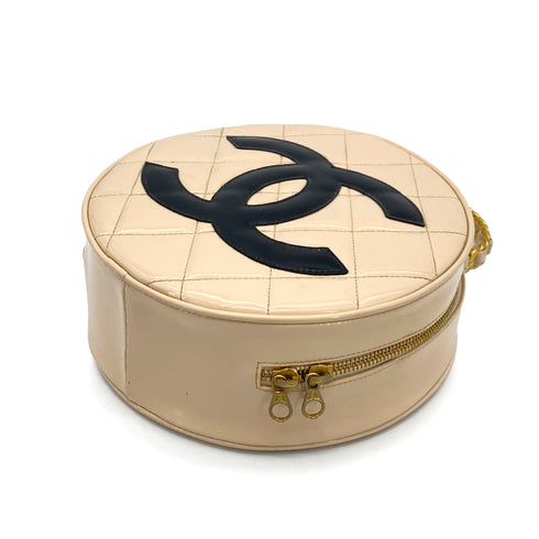 CHANEL VINTAGE ROUND VANITY HAND BAG BEIGE ENAMEL 90257628 - PURPOSE