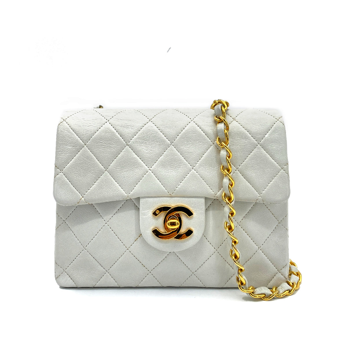 CHANEL VINTAGE MINI SQUARE 17 CHAIN SHOULDER BAG WHITE LAMB SKIN 90258056