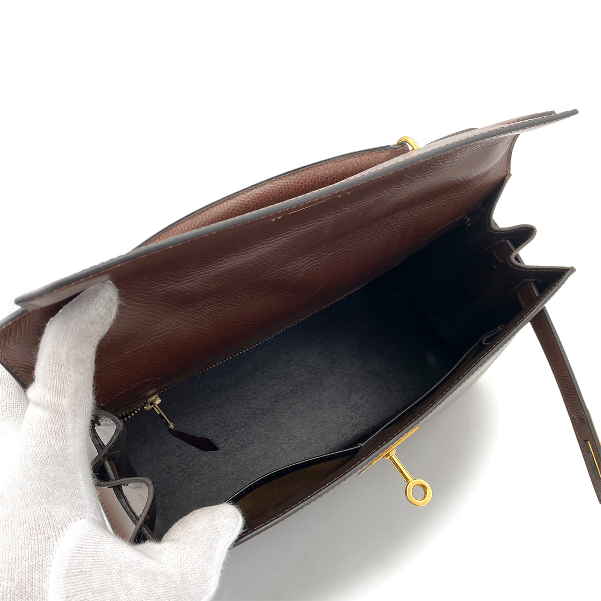HERMES KELLY 28 SELLIER BROWN LISSE HAND BAG 〇J GHW 90258098