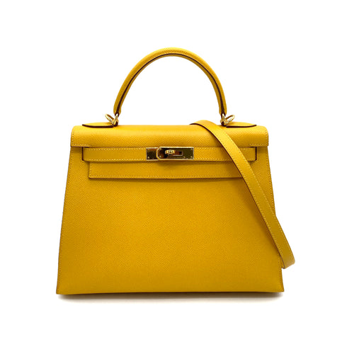 HERMES KELLY 28 SELLIER JAUNE COUCHEVEL HAND SHOULDER BAG □D GHW 90258107 - PURPOSE