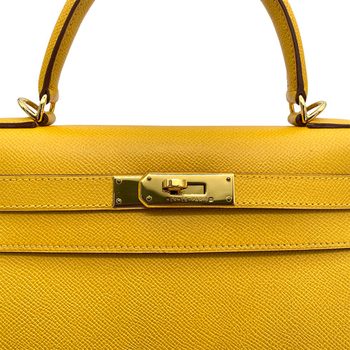 HERMES KELLY 28 SELLIER JAUNE COUCHEVEL HAND SHOULDER BAG □D GHW 90258107 - PURPOSE