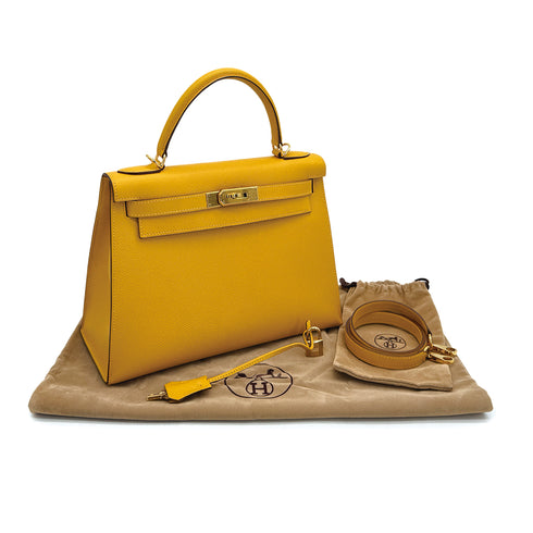 HERMES KELLY 28 SELLIER JAUNE COUCHEVEL HAND SHOULDER BAG □D GHW 90258107