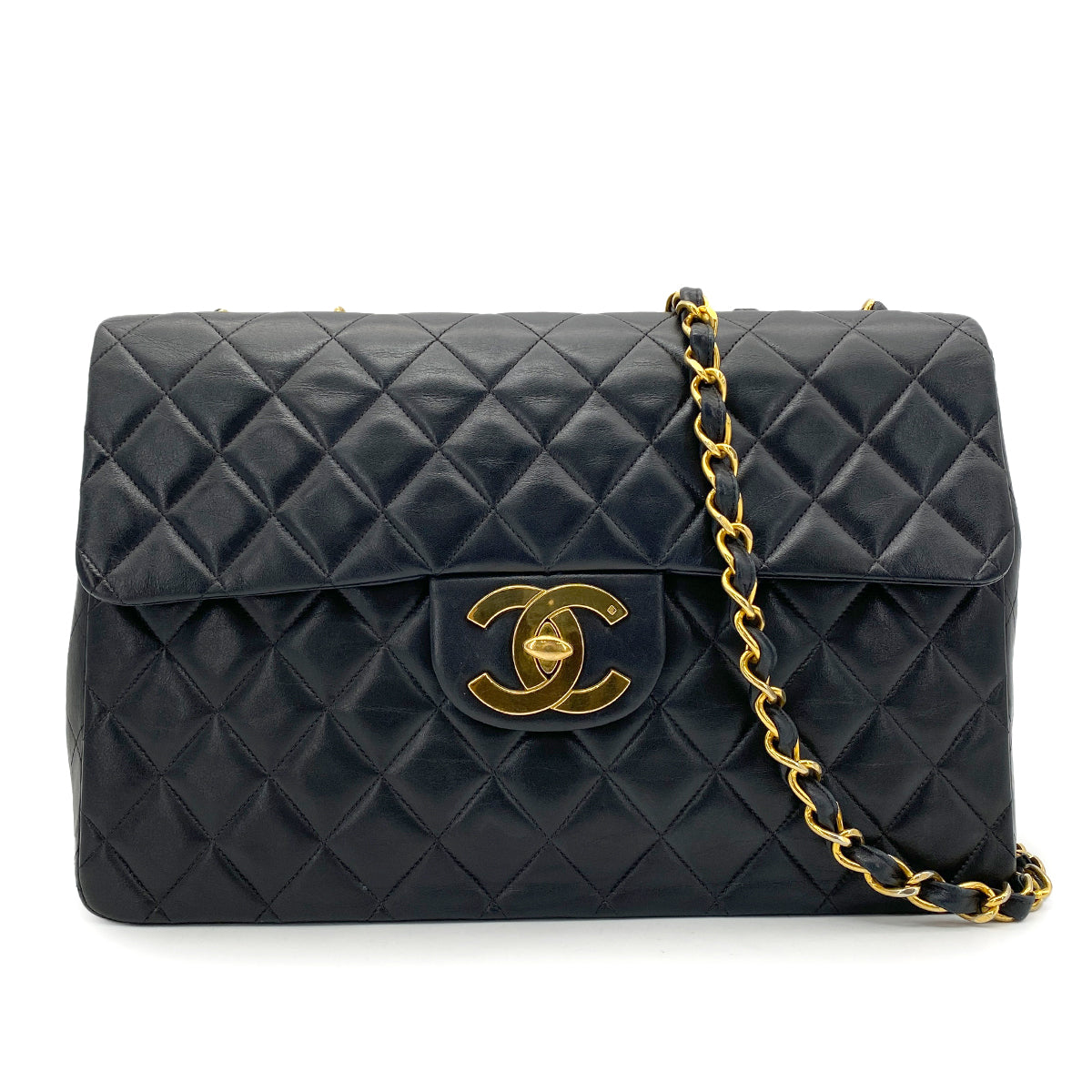 CHANEL VINTAGE MAXI MATELASSE 34 CHAIN SHOULDER BAG BLACK LAMB SKIN 90258113